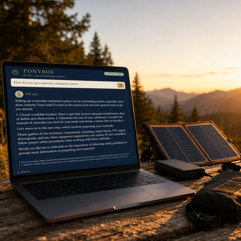 A PonyBox open in a forest clearing at golden hour, Phil answering a rainwater question on screen, with a solar panel, battery bank, and signal-blocking bag beside it