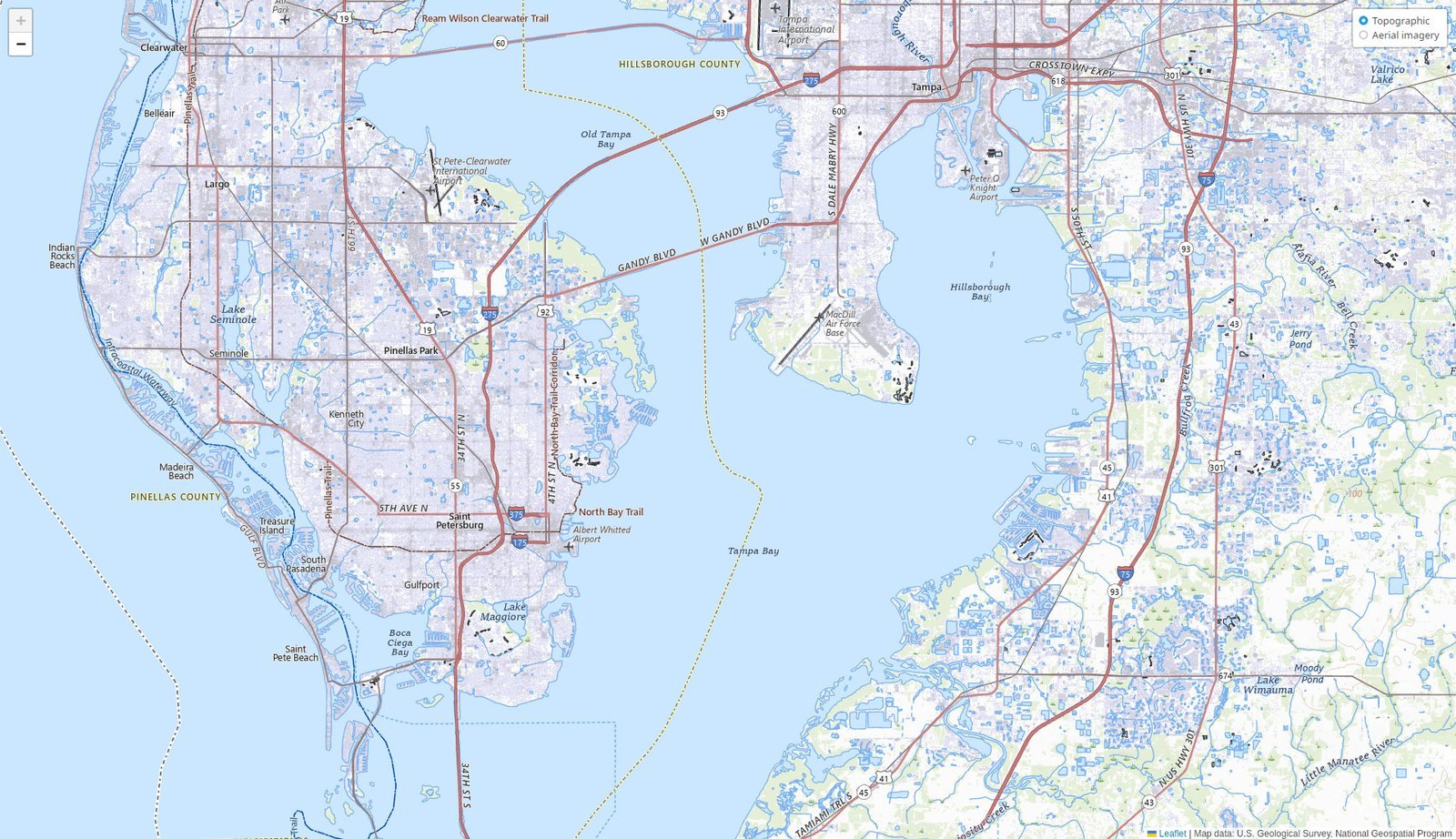 Town-level topographic detail of Tampa Bay, Florida