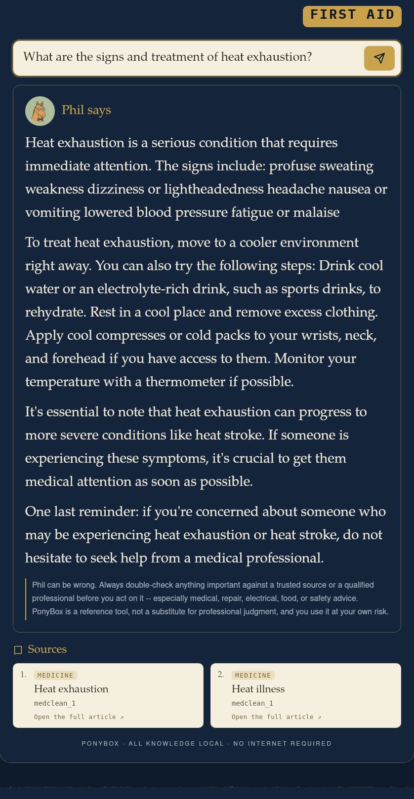 What are the signs and treatment of heat exhaustion?